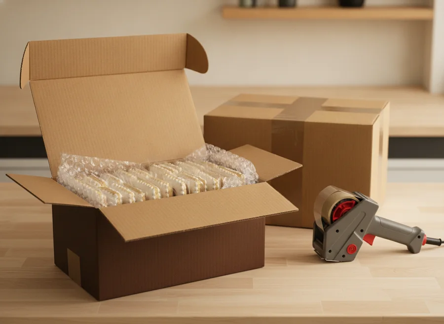 Cello-wrapped cookies packed into a corrugated shipping box, a sealed carton behind ready for collection